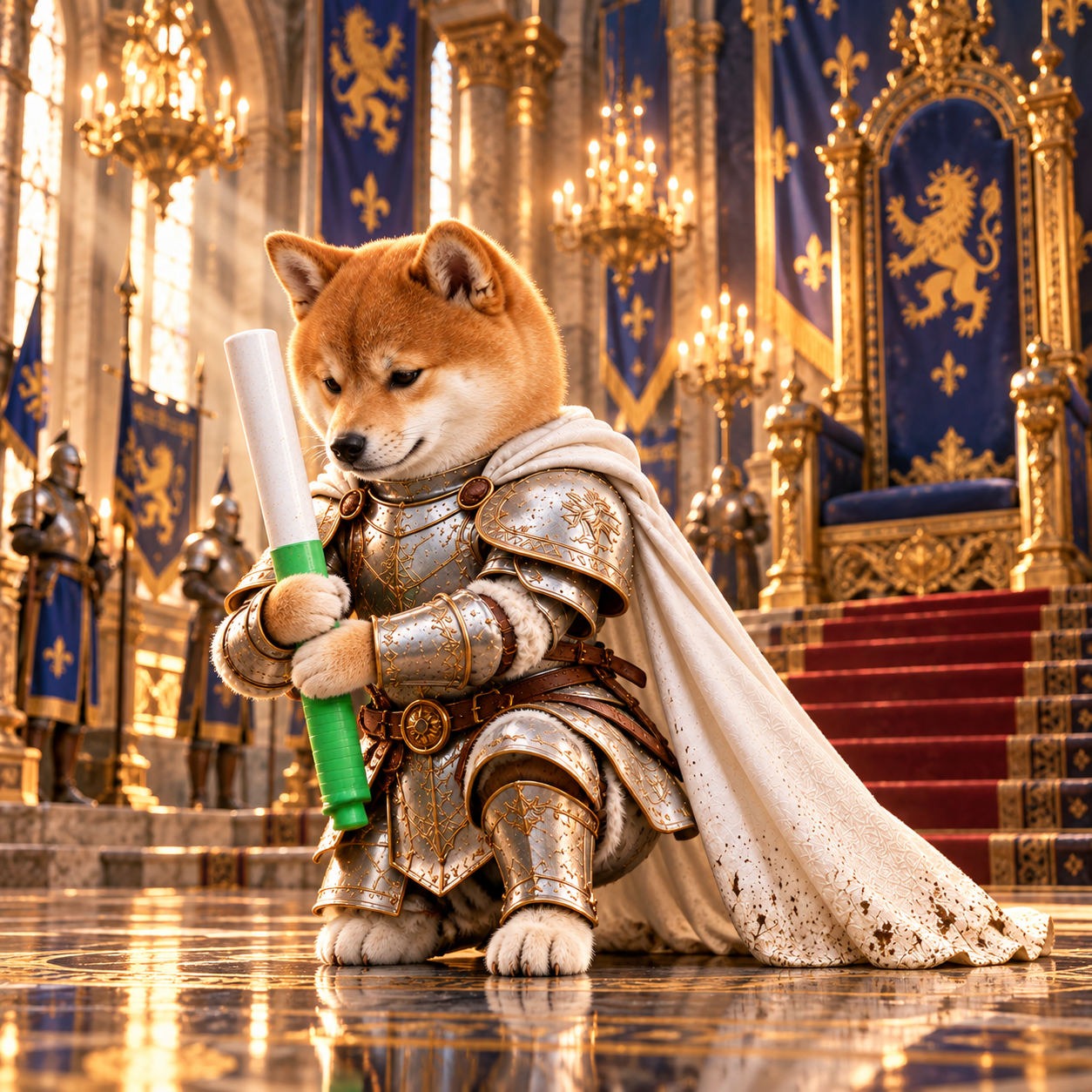 Shiba knight kneeling with his green baton before an ornate throne
